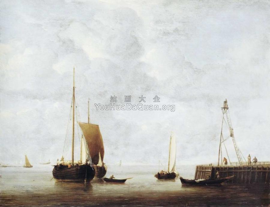 A Dutch Hoeker at Anchor near a Pier - 小威廉·凡·德·维尔德